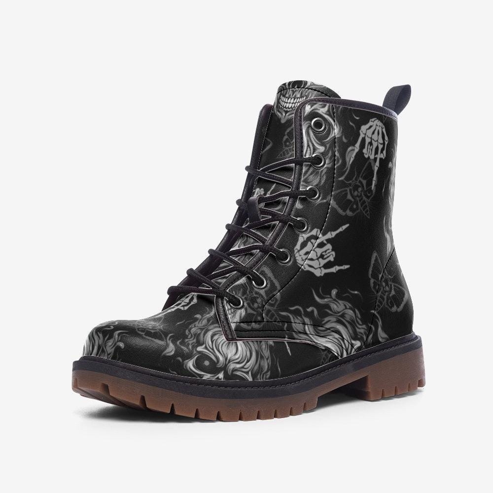 Goth Skeleton Combat Boots, occult punk winter footwear, spooky black festival shoes, witchy bones ankle boots, fairycore statement boots