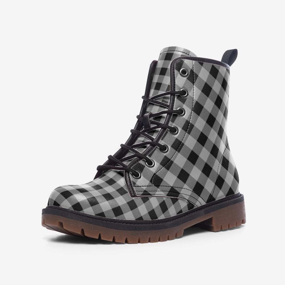 Buffalo Plaid Combat Boots, Black White Checkered Lace Up Grunge Fall Boots for Women