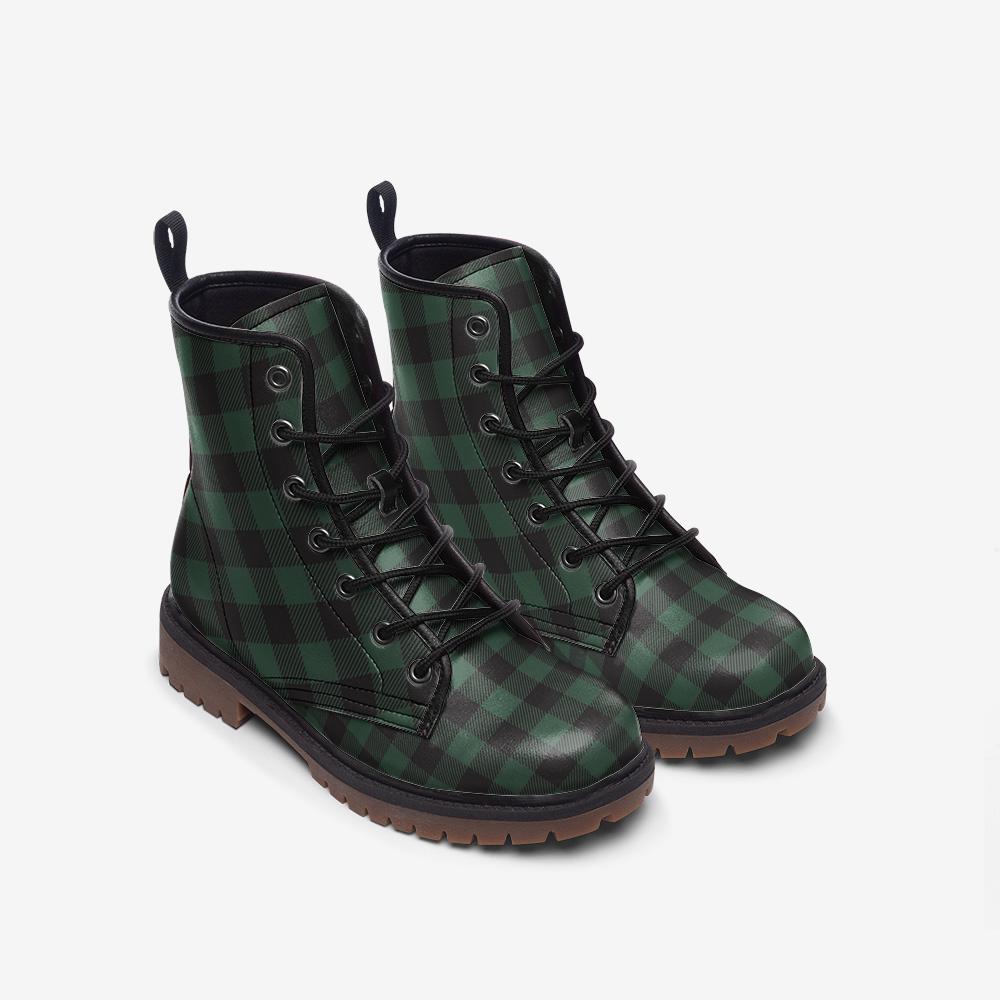 Dark Green Plaid Combat Boots, Vegan Leather Gingham Platform Shoes, Fall Gothic Style