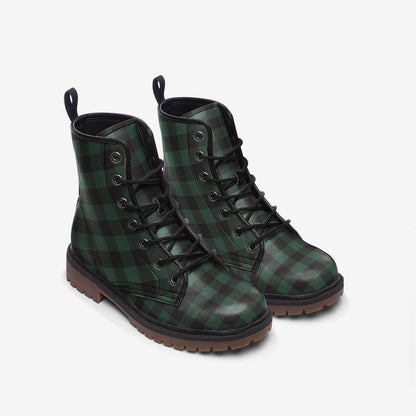 Dark Green Plaid Combat Boots, Vegan Leather Gingham Platform Shoes, Fall Gothic Style