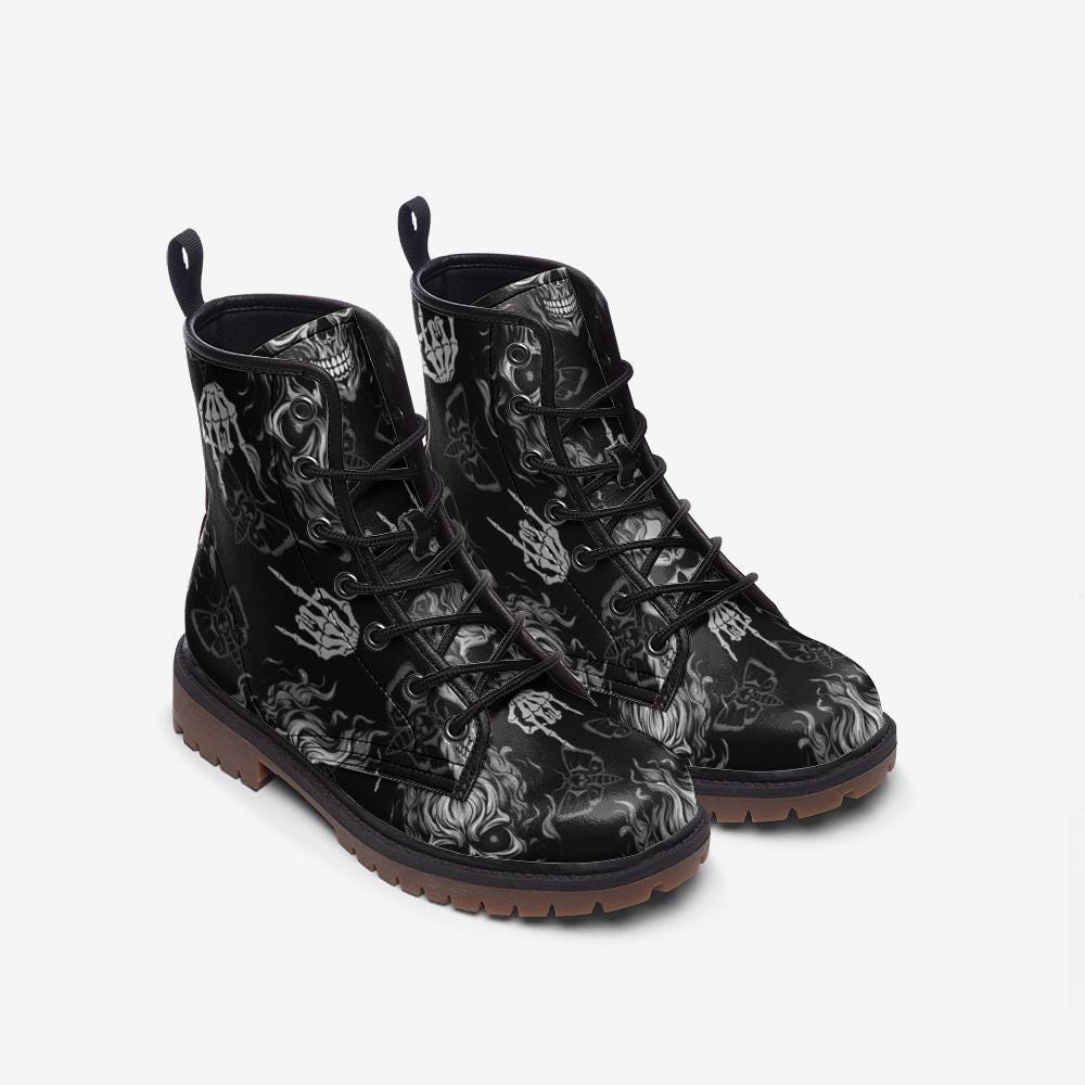 Goth Skeleton Combat Boots, occult punk winter footwear, spooky black festival shoes, witchy bones ankle boots, fairycore statement boots