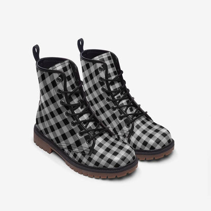 Buffalo Plaid Combat Boots, Black White Checkered Lace Up Grunge Fall Boots for Women