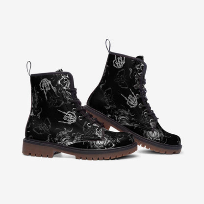 Goth Skeleton Combat Boots, occult punk winter footwear, spooky black festival shoes, witchy bones ankle boots, fairycore statement boots