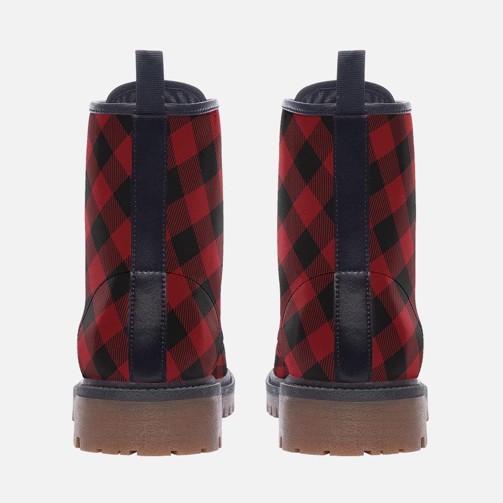 Buffalo Plaid Combat Boots, Red Black Grunge Lace Up Boots, Rustic Fall Statement Shoes