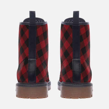 Buffalo Plaid Combat Boots, Red Black Grunge Lace Up Boots, Rustic Fall Statement Shoes