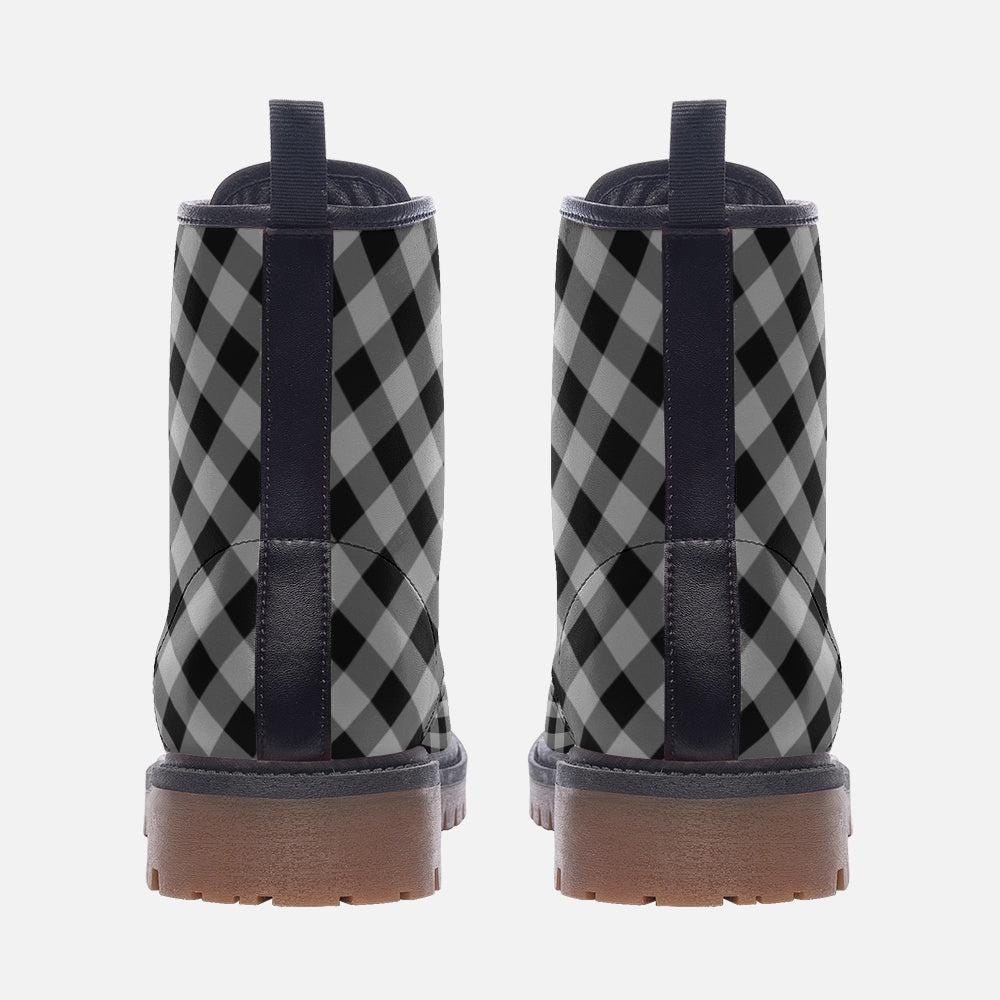 Buffalo Plaid Combat Boots, Black White Checkered Lace Up Grunge Fall Boots for Women