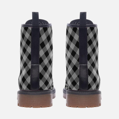Buffalo Plaid Combat Boots, Black White Checkered Lace Up Grunge Fall Boots for Women