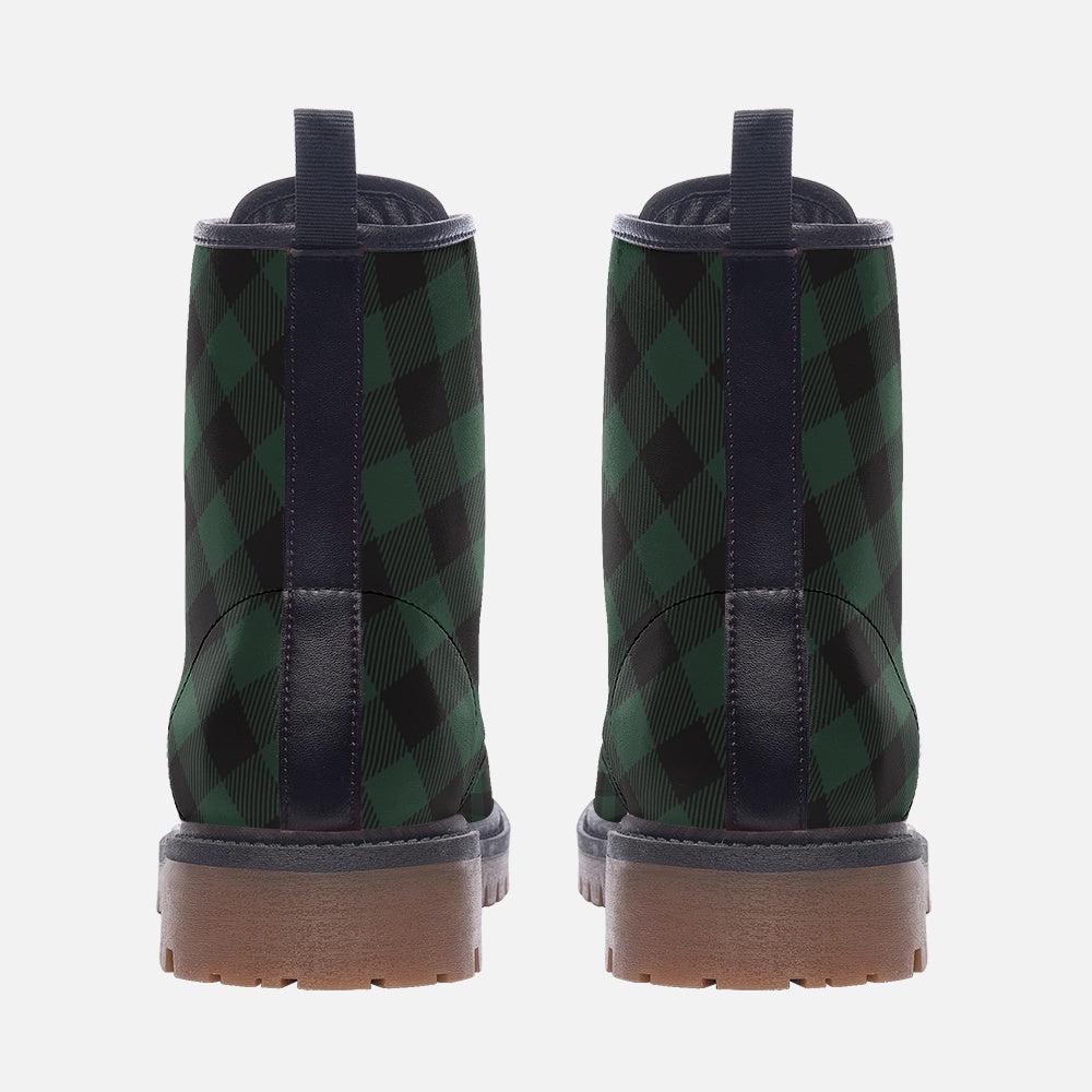 Dark Green Plaid Combat Boots, Vegan Leather Gingham Platform Shoes, Fall Gothic Style
