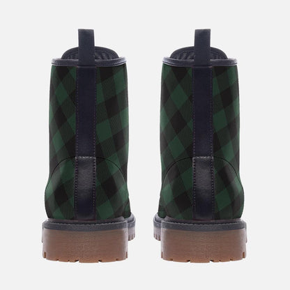 Dark Green Plaid Combat Boots, Vegan Leather Gingham Platform Shoes, Fall Gothic Style
