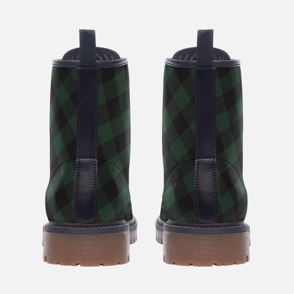 Dark Green Plaid Combat Boots, Vegan Leather Gingham Platform Shoes, Fall Gothic Style