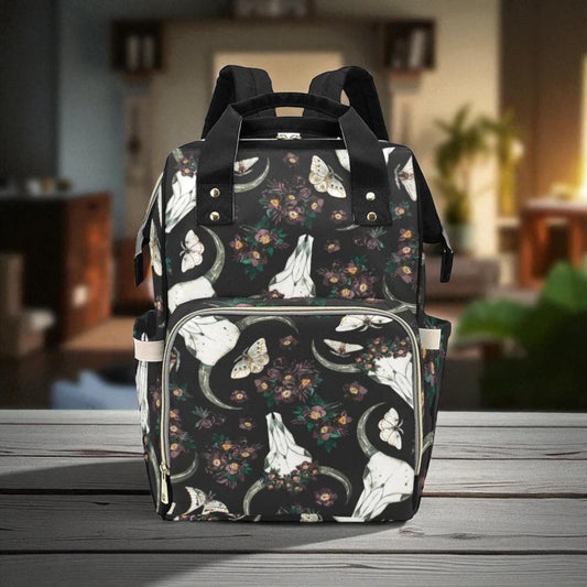 Floral skull backpack, witchy diaper backpack, mystical baby changing bag, dark academia mom travel bag, occult floral school backpack