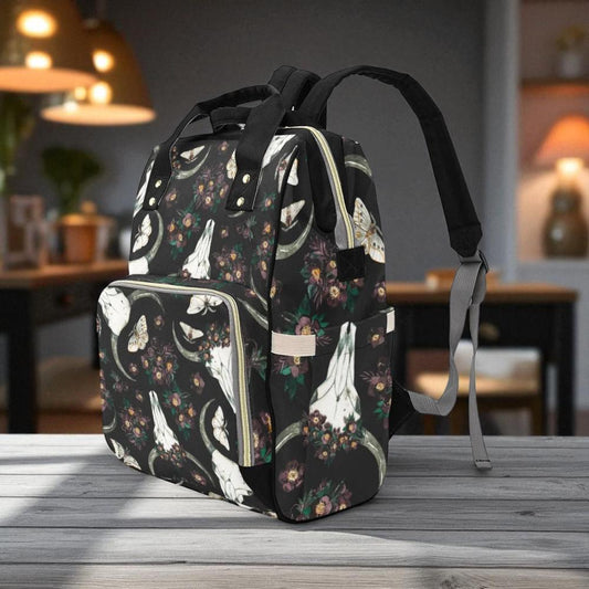 Floral skull backpack, witchy diaper backpack, mystical baby changing bag, dark academia mom travel bag, occult floral school backpack