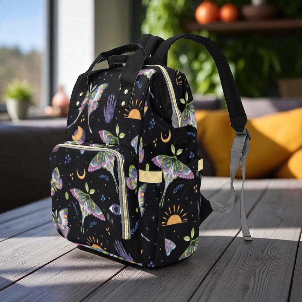 Celestial moth backpack, mystical diaper backpack, boho witch baby changing bag, lunar phases mom travel bag, astrology school backpack