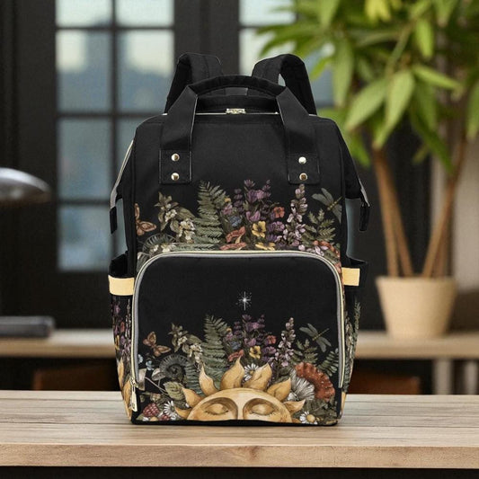 Sun and herbs backpack, celestial nature diaper bag, botanical witch travel backpack, herbal print school satchel,mystical celestial mom bag