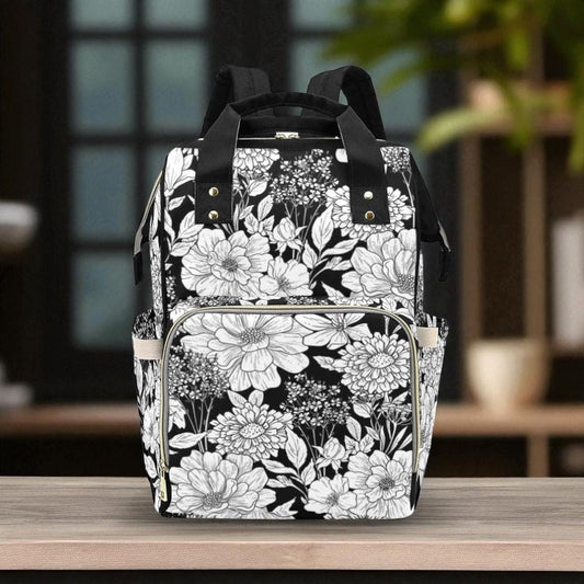 Black white floral backpack, cottagecore diaper bag for moms, flower print school satchel, witchy nature travel bag, botanical backpack