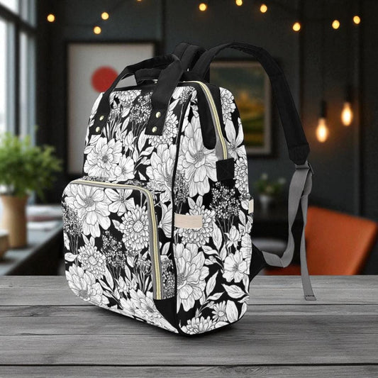 Black white floral backpack, cottagecore diaper bag for moms, flower print school satchel, witchy nature travel bag, botanical backpack