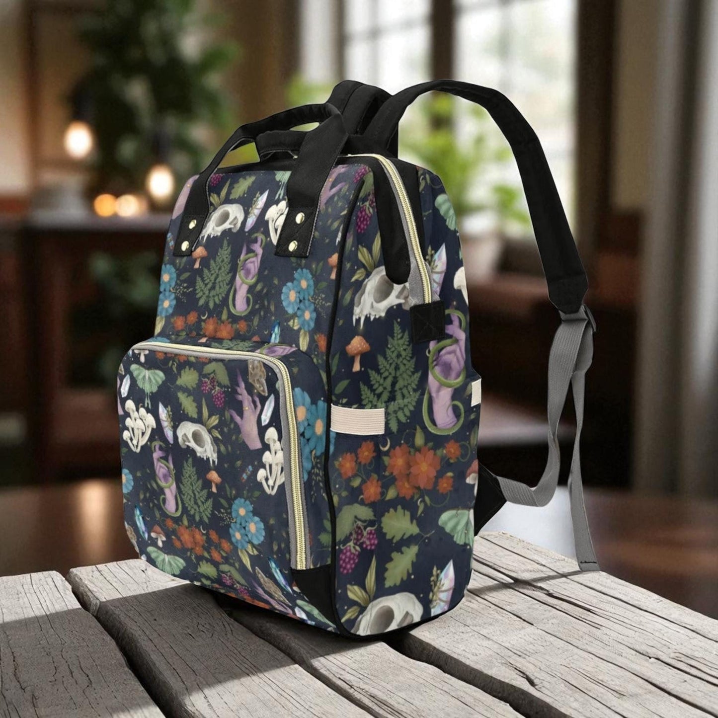 Enchanted forest skull backpack, cottagecore witchy diaper bag, mystical floral print baby bag, occult forestcore festival accessory