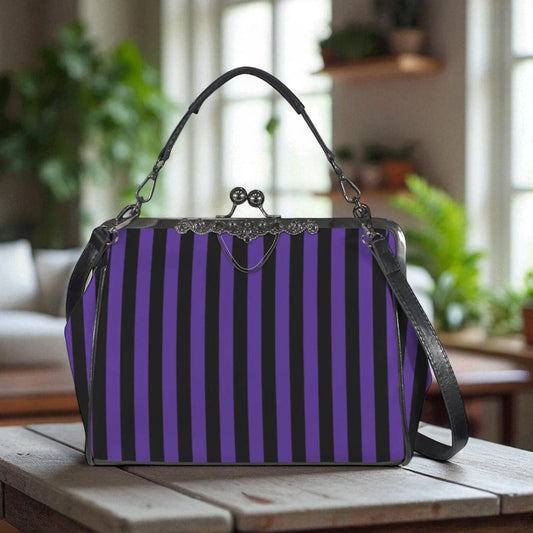 Witch market stripe handbag, bold purple black purse, vintage clasp stripe bag, dark carnival shoulder bag, enchanted stripe print accessory