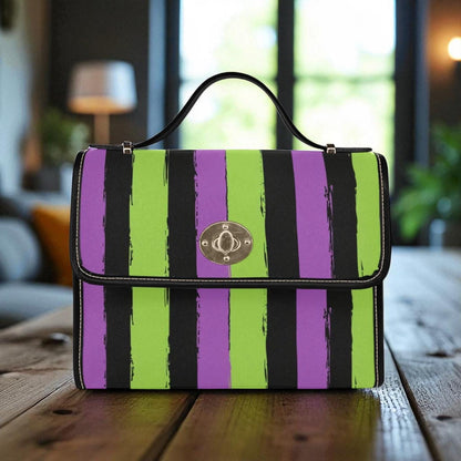 Halloween Stripe Purse, Purple Green Satchel, Witchy Top Handle Bag, Spooky Season Gift