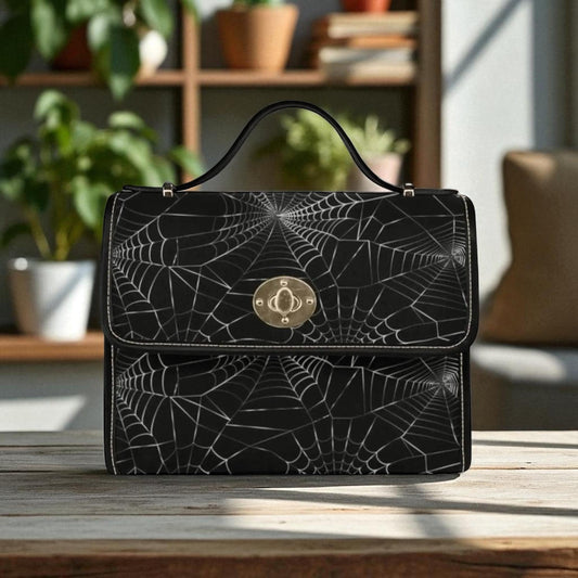 Web print black satchel, spider design crossbody purse, Halloween shoulder handbag, occult inspired everyday bag, dark academia accessory