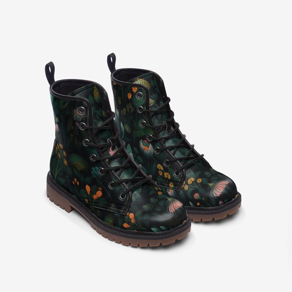 Botanical Forest Combat Boots, Fairycore Vegan Leather Shoes, Gothic Floral Festival Footwear