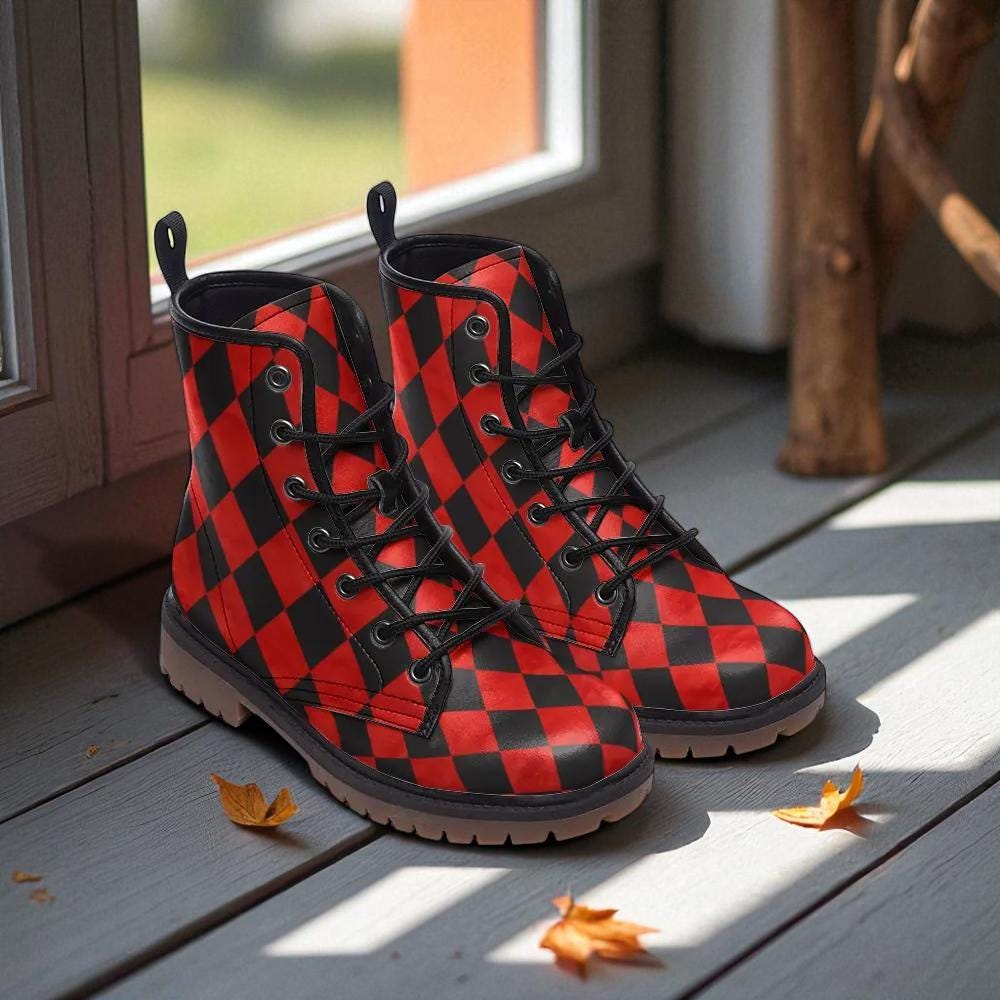 Harlequin checker boots, red black combat boots, circuscore platform boots, goth punk rave shoes, edgy alternative footwear, emo style boots