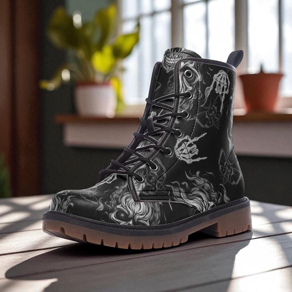 Goth Skeleton Combat Boots, occult punk winter footwear, spooky black festival shoes, witchy bones ankle boots, fairycore statement boots