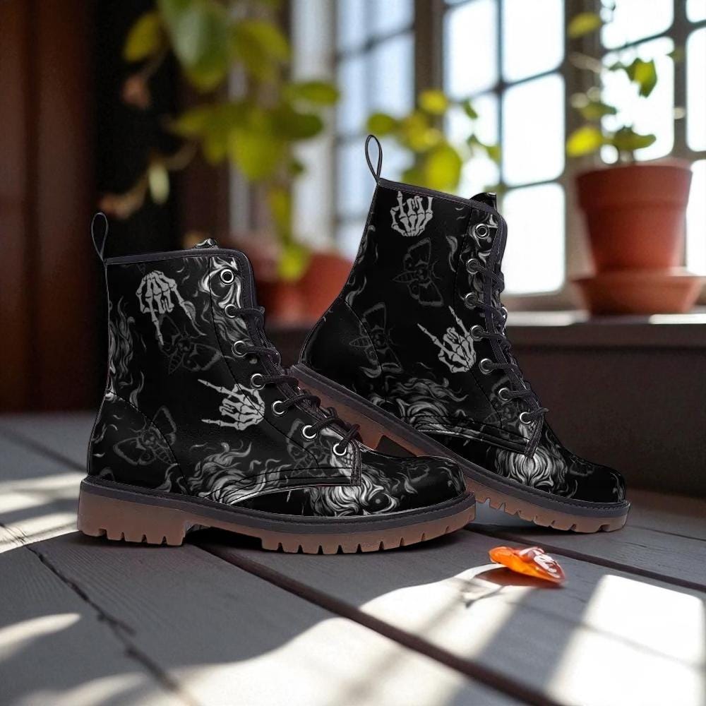 Goth Skeleton Combat Boots, occult punk winter footwear, spooky black festival shoes, witchy bones ankle boots, fairycore statement boots