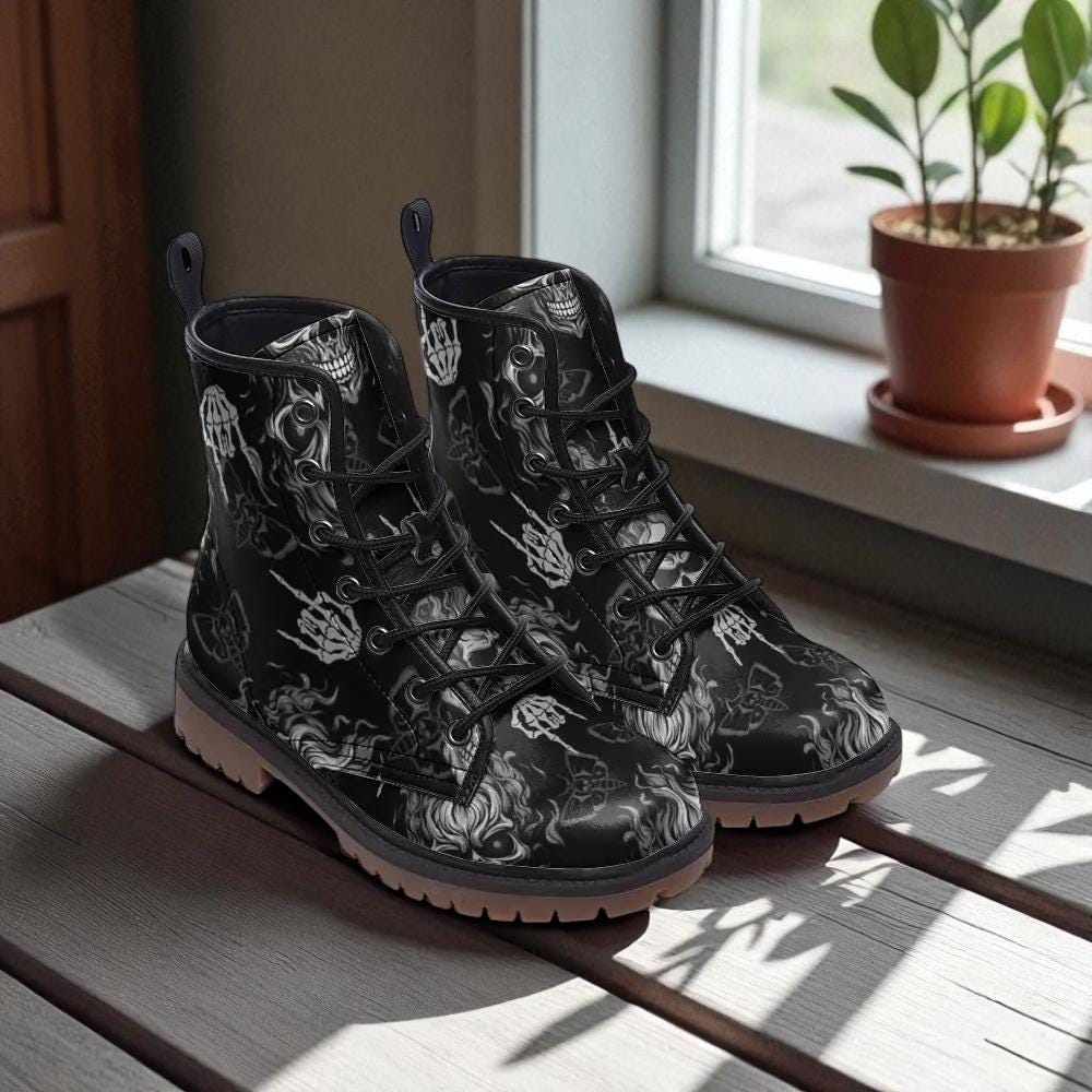 Goth Skeleton Combat Boots, occult punk winter footwear, spooky black festival shoes, witchy bones ankle boots, fairycore statement boots
