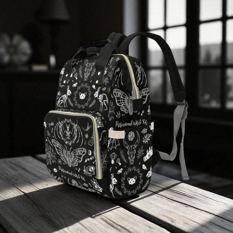 Goth Moth Diaper Bag Backpack Celestial Witchy Goth Baby Shower Gift Idea Insulated Travel Bottle Cooler Boho Moms Dads New Parents Newborn