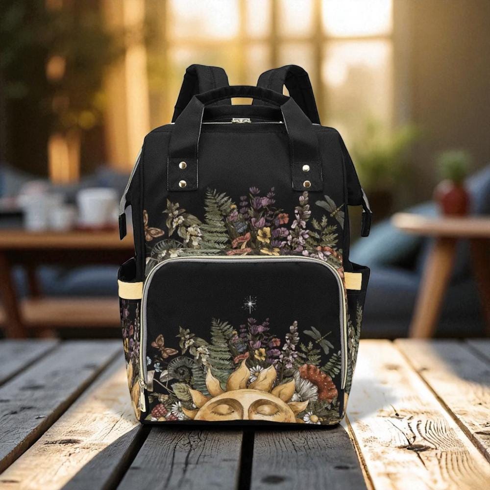 Sun and flowers backpack, enchanted botanical diaper bag, mystical cottagecore travel bag, celestial nature baby backpack, witchy mom bag