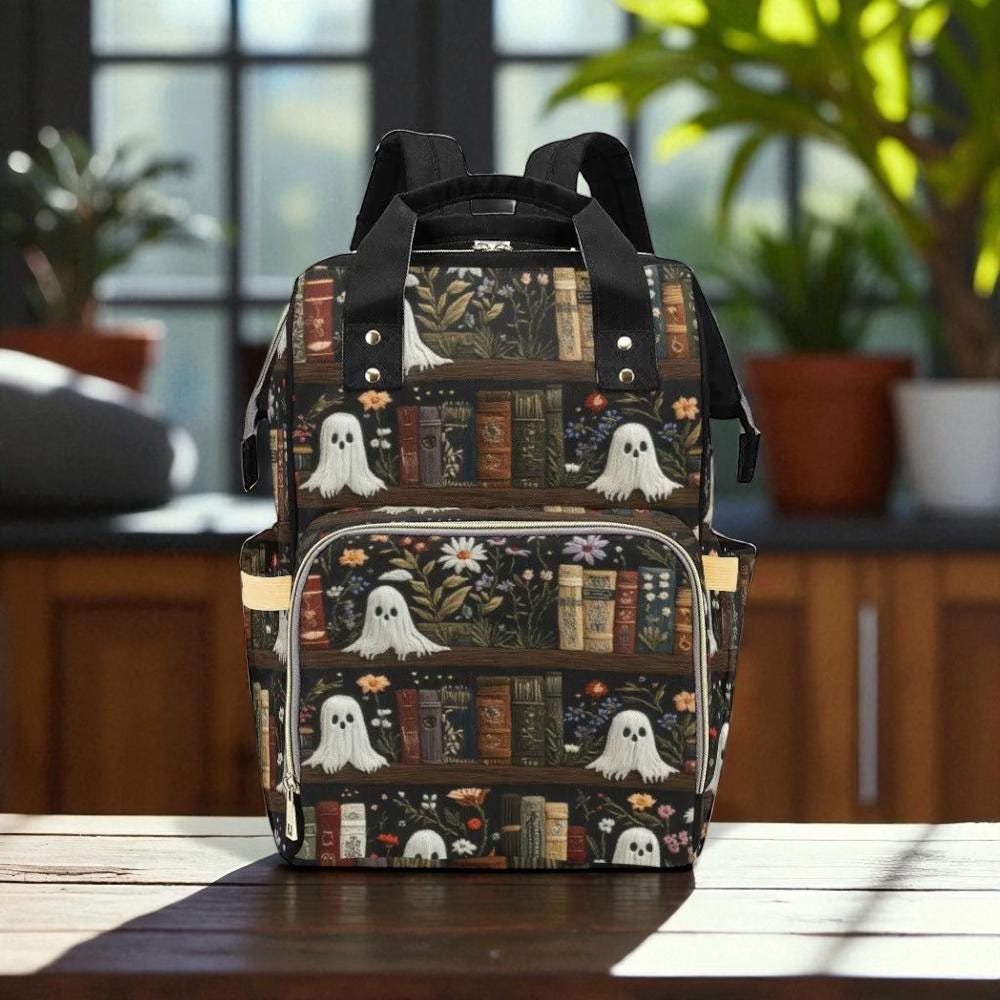 Haunted bookshelf backpack, ghost library diaper bag, spooky cottagecore school bag, enchanted dark academia baby backpack, reading mom bag
