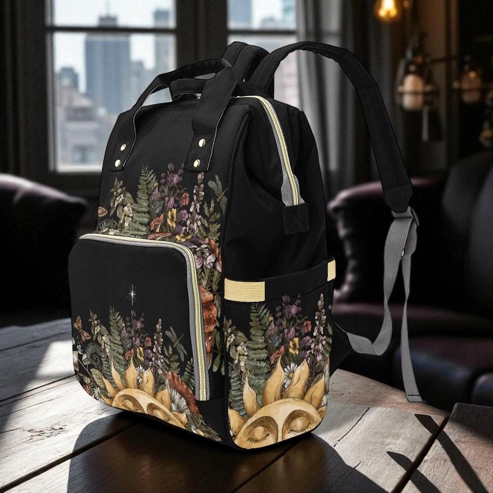 Sun and flowers backpack, enchanted botanical diaper bag, mystical cottagecore travel bag, celestial nature baby backpack, witchy mom bag