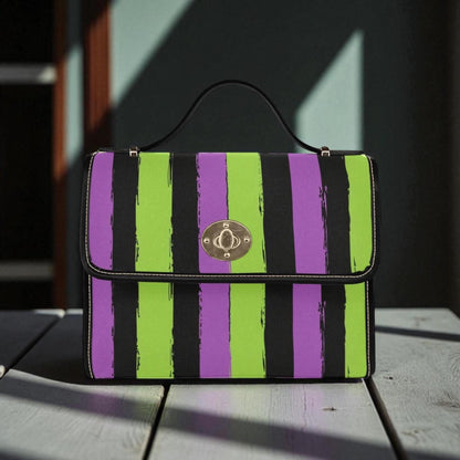 Halloween Stripe Purse, Purple Green Satchel, Witchy Top Handle Bag, Spooky Season Gift