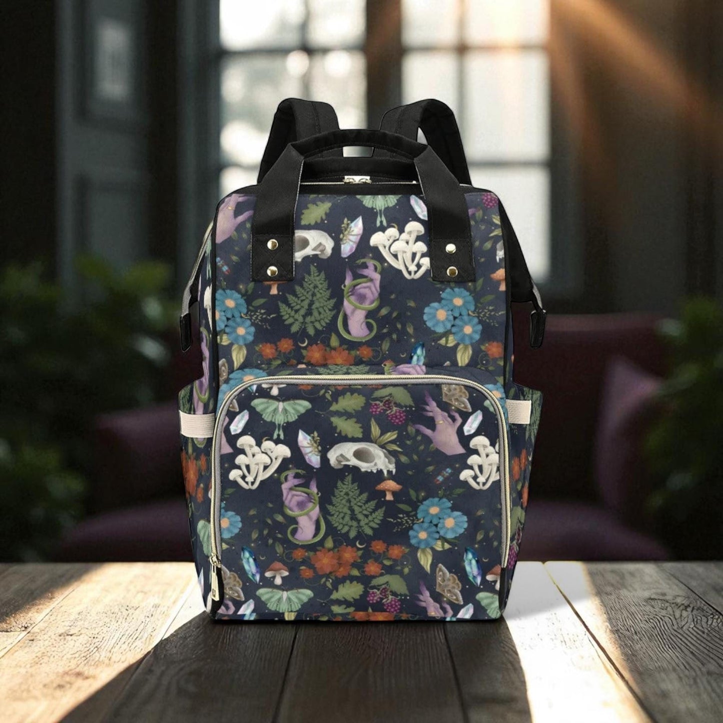 Mystical mushroom backpack, enchanted occult diaper bag, dark academia woodland bag, witchy festival baby backpack, magical cottagecore bag