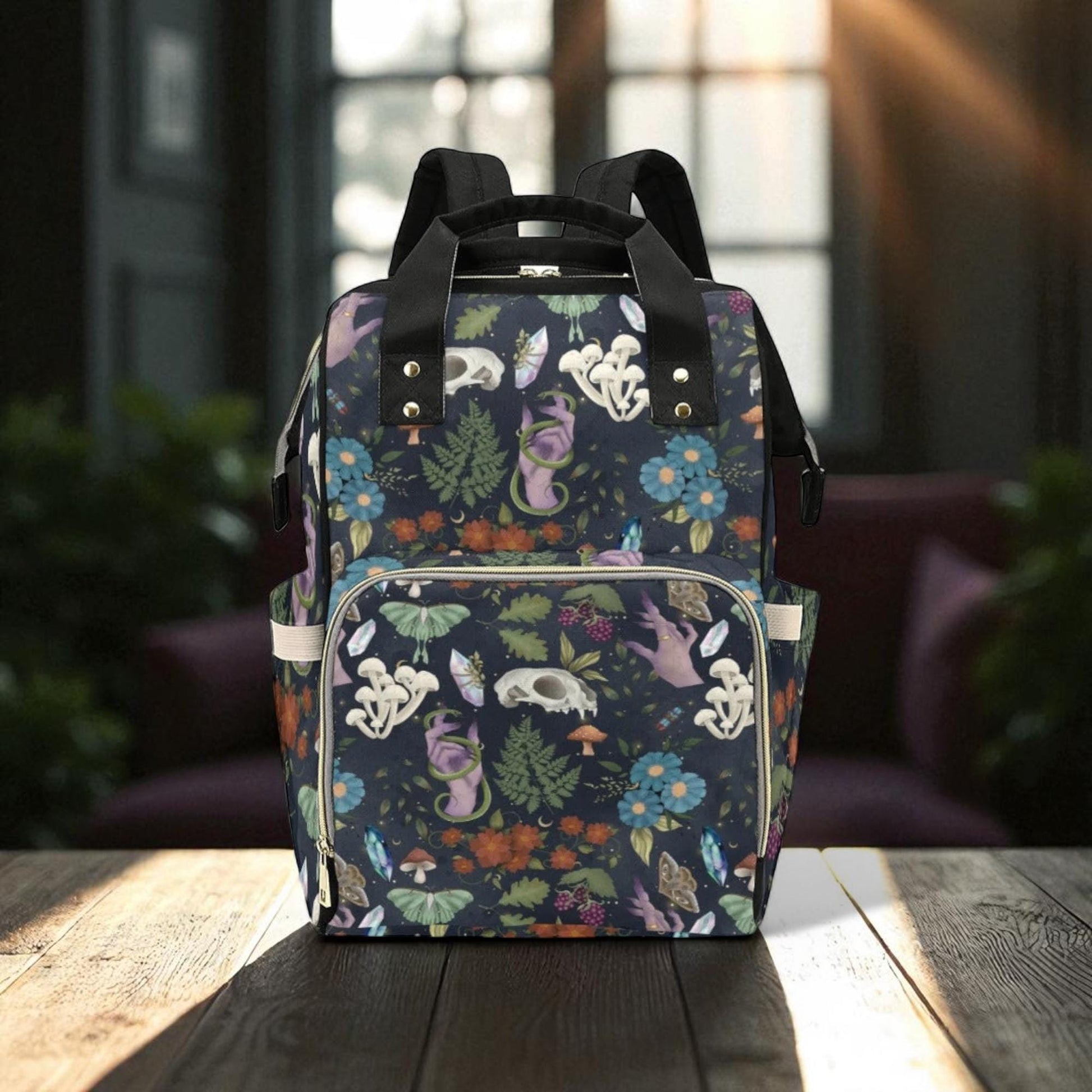 Mystical mushroom backpack, enchanted occult diaper bag, dark academia woodland bag, witchy festival baby backpack, magical cottagecore bag