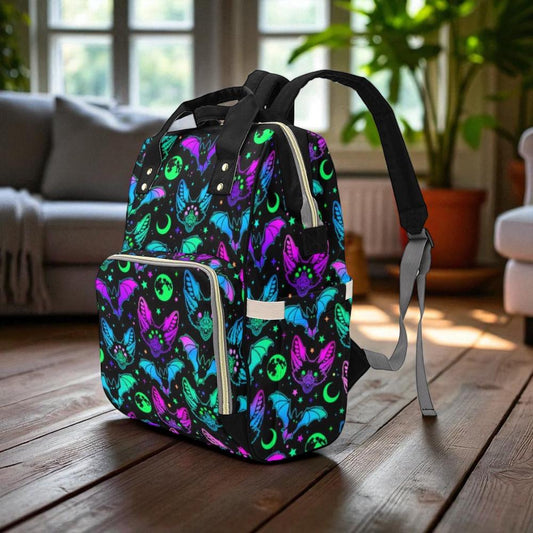 Neon Bat Print Backpack: Witchy Festival Rave Bag