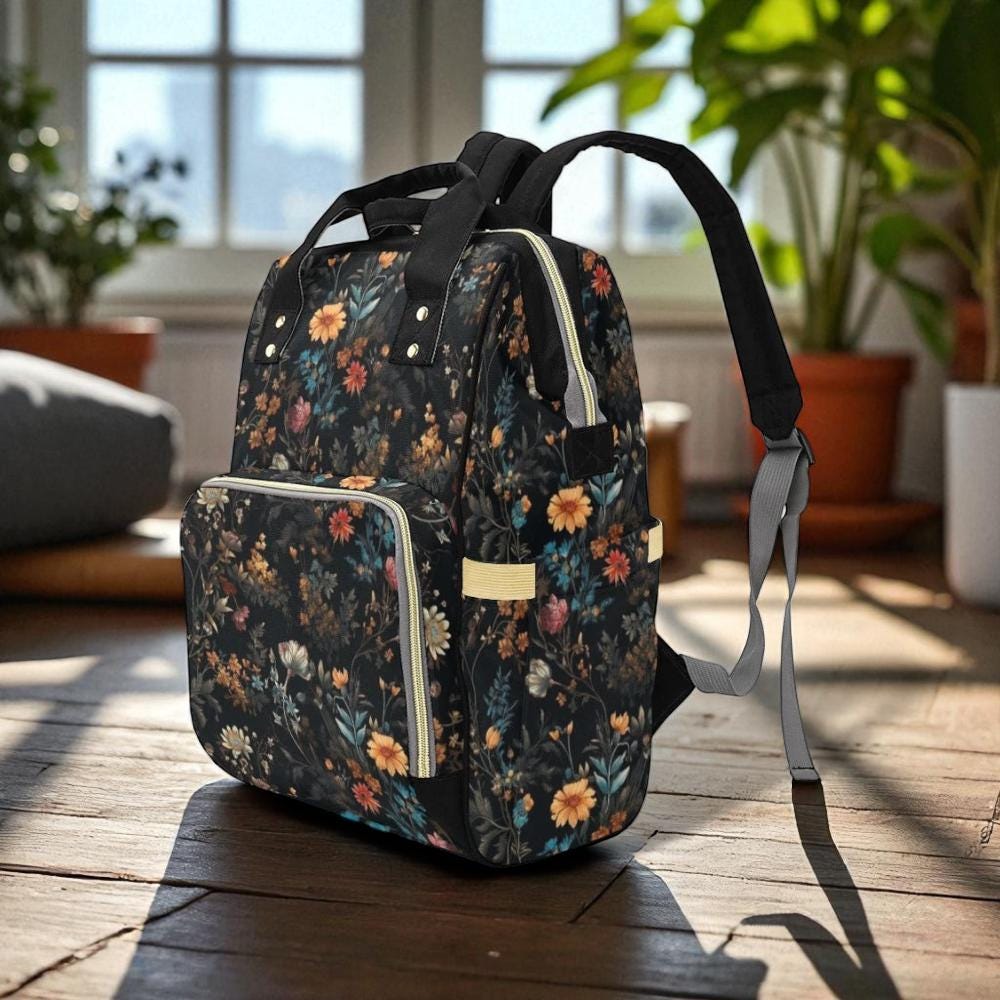 Dark floral vintage backpack, witchy garden diaper bag, enchanted academia satchel, mystical cottagecore travel bag, floral mom school gift