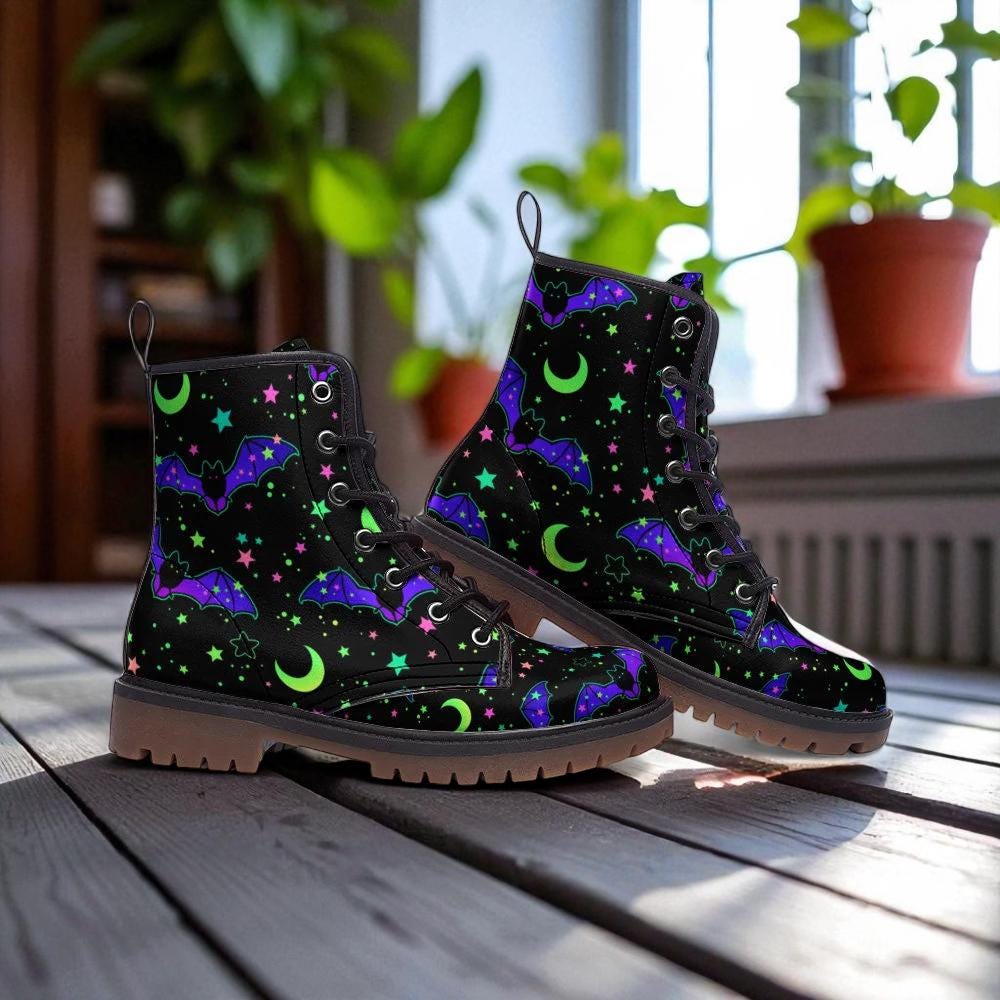 Neon bat combat boots, halloween rave lace up shoes, goth party cosplay boots, spooky neon festival footwear, quirky bat print boots