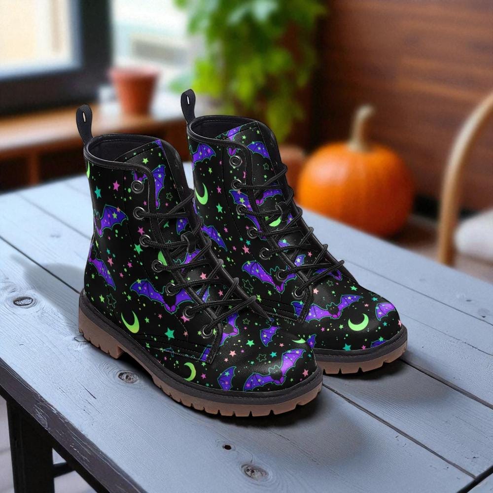 Neon bat combat boots, halloween rave lace up shoes, goth party cosplay boots, spooky neon festival footwear, quirky bat print boots