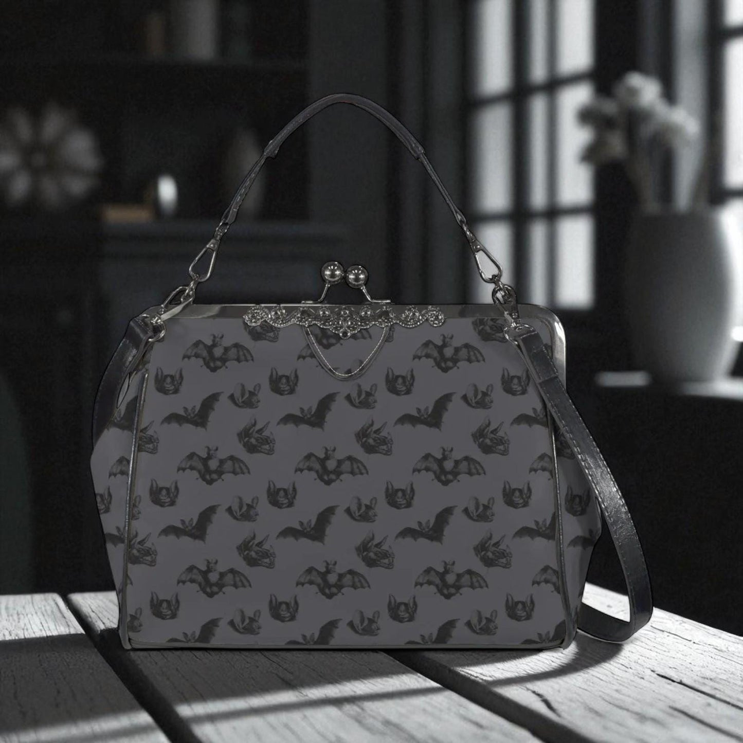 Midnight bat flight handbag, eerie night creature purse, spooky clasp shoulder bag, vintage bat silhouette accessory, dusk print satchel