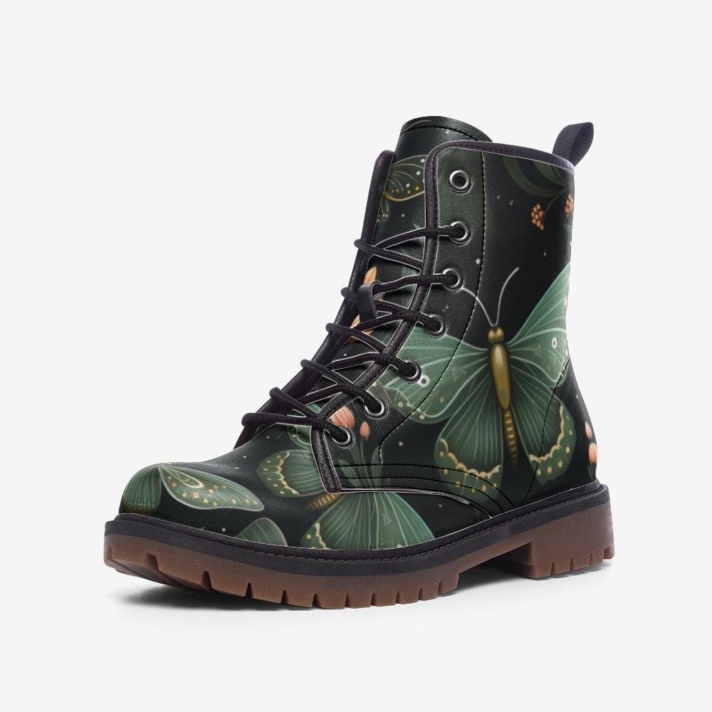 Green moth print boots, enchanted insect lace up shoes, whimsical nature ankle boots, botanical moth footwear, mystical forest combat boots