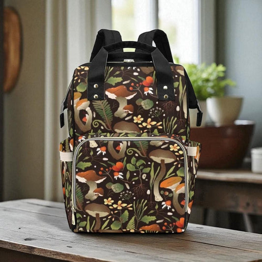 Woodland mushroom diaper bag, enchanted forest backpack, botanical toadstool print bag,whimsical nature baby bag,cottagecore travel backpack