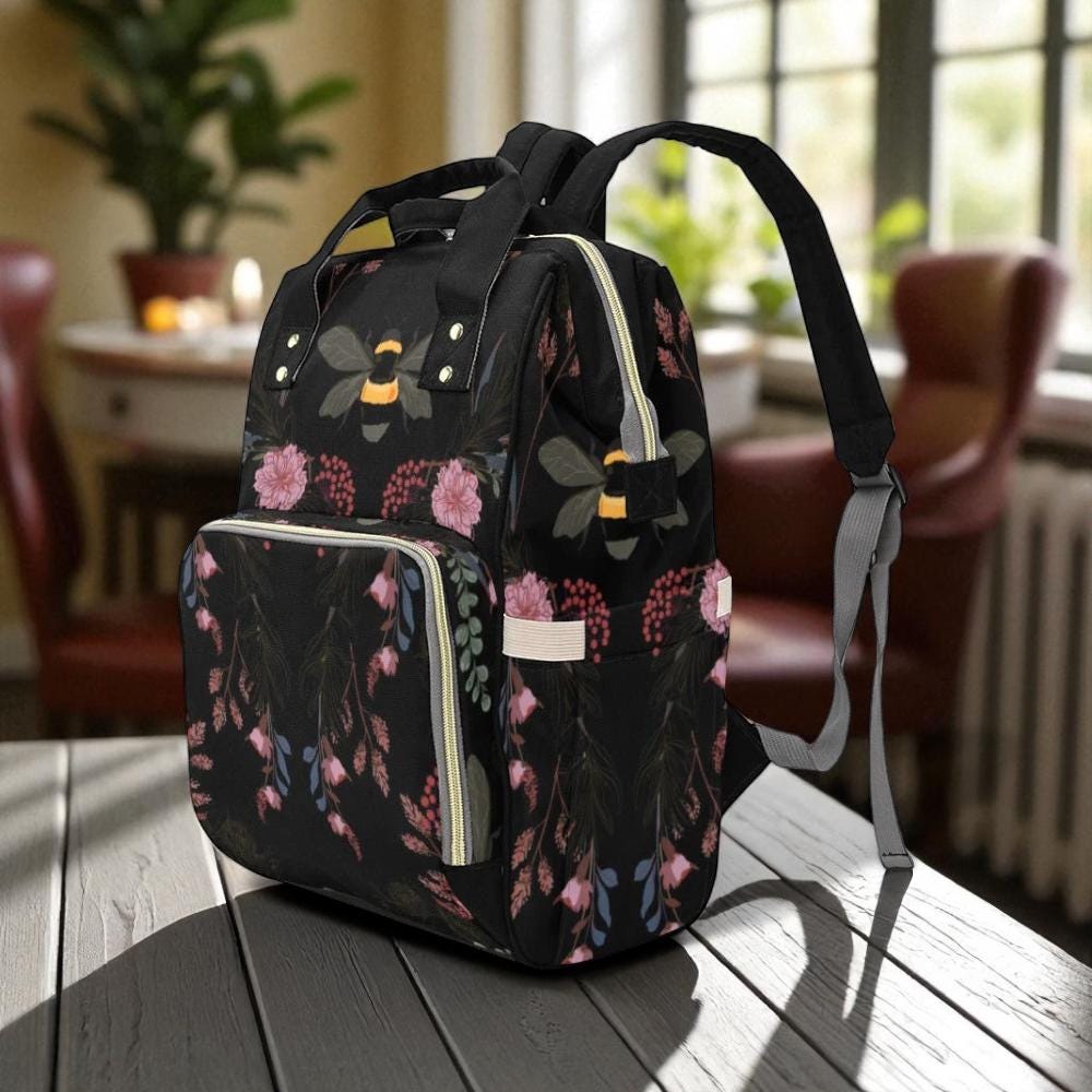 Bumblebee floral diaper bag, enchanted garden backpack, pollinator print baby bag, whimsical bee nature bag, botanical travel backpack