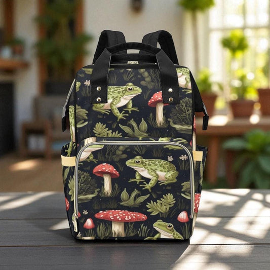 Frog and toadstool diaper bag, woodland amphibian backpack, enchanted forest baby bag, whimsical frog print bag, cottagecore travel backpack