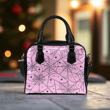 Pink Spiderweb Handbag with Star Pattern, Pastel Goth Purse for Halloween Outfits, Cute Witchy Crossbody Satchel,Kawaii Creepy Aesthetic Bag