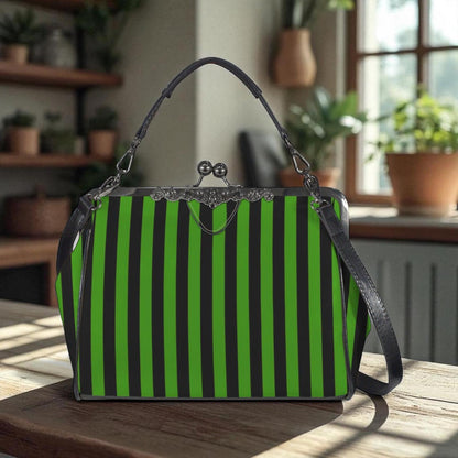 Green Stripe Kisslock Bag, Gothic Witchy Purse, Vintage Alt Fashion Handbag