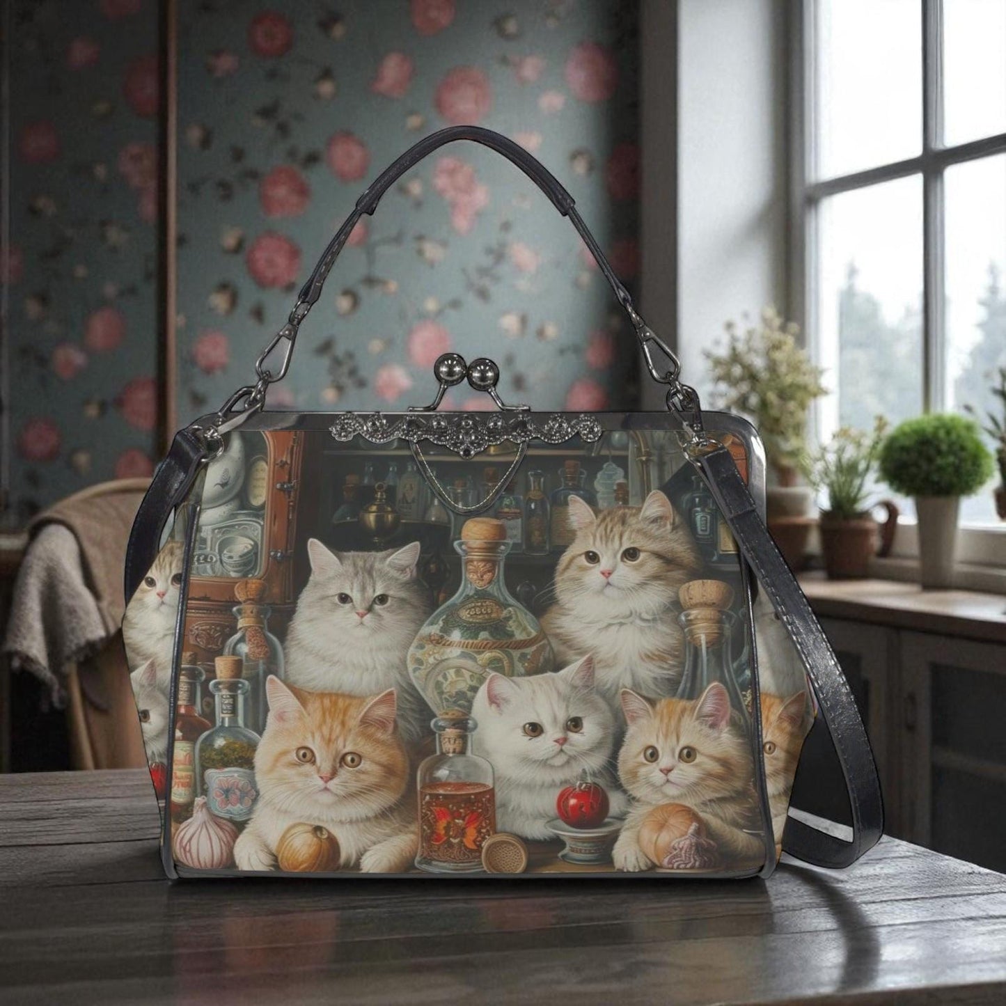 Cat Print Kisslock Bag, Vintage Style Handbag with Kittens and Potion Bottles