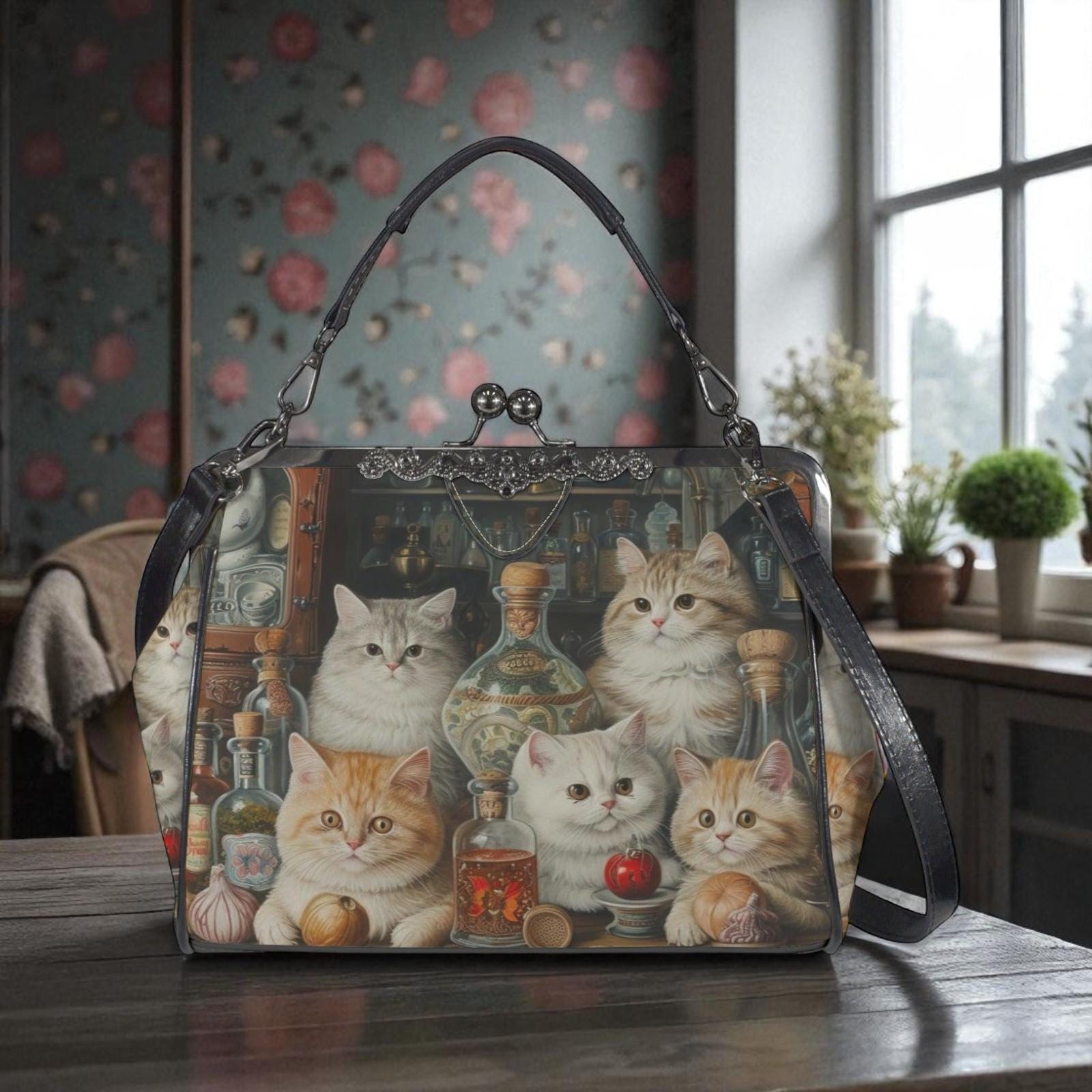 Cat Print Kisslock Bag, Vintage Style Handbag with Kittens and Potion Bottles