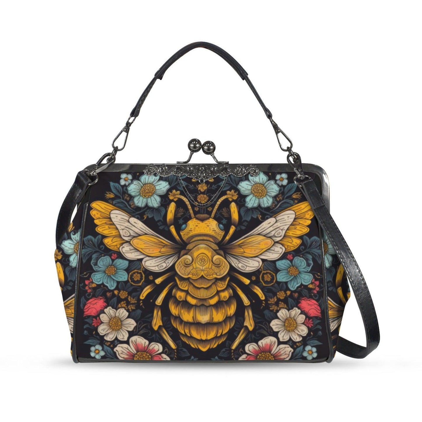 Honeybee Floral Kisslock Bag, Nature Inspired Purse, Vintage Handbag